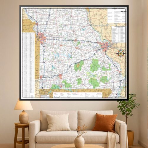 Detailed road map of Missouri showing county lines, highways, cities, and geographic landmarks with complete city index and compass rose on cream and green background.