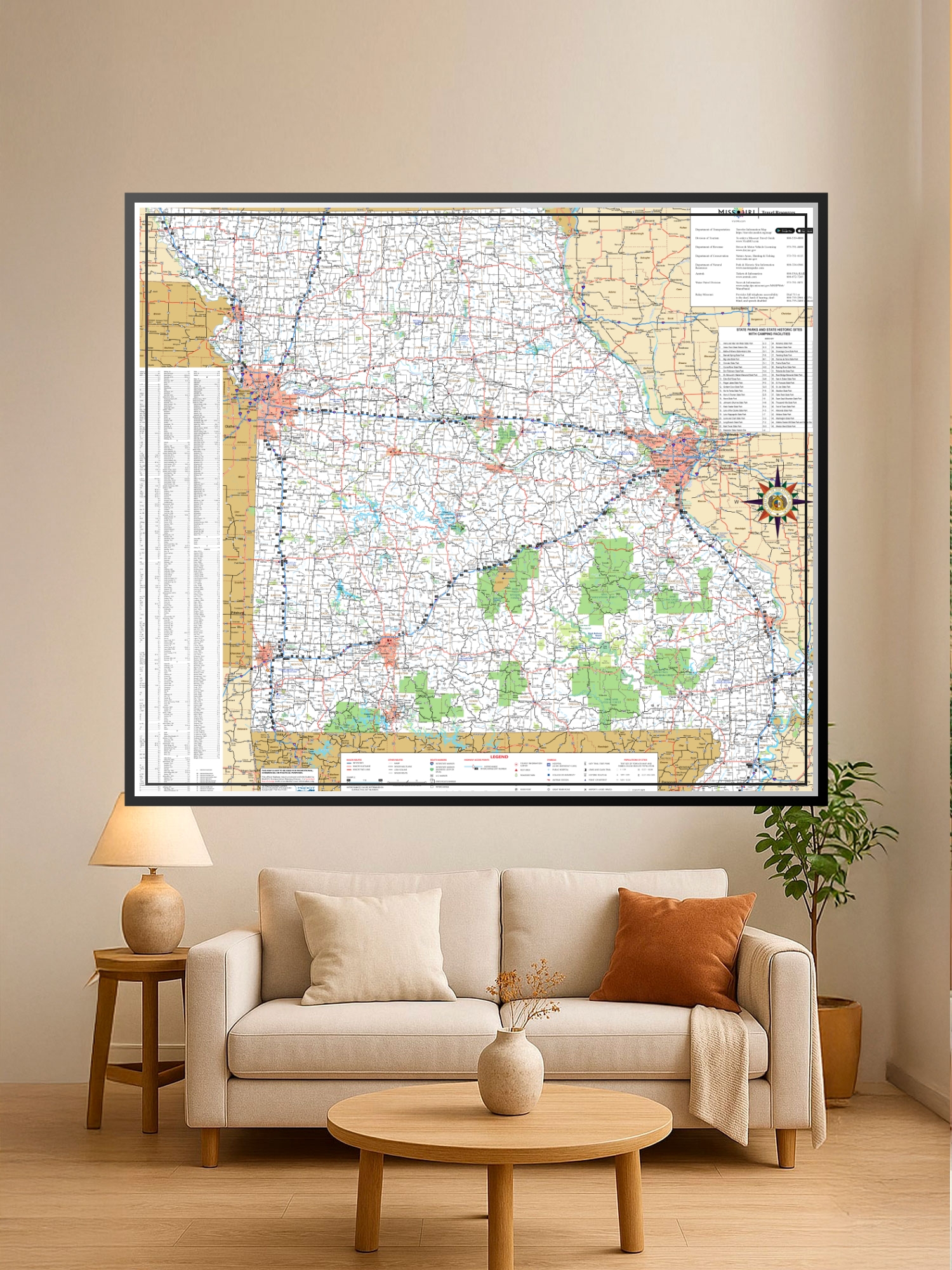 Detailed road map of Missouri showing county lines, highways, cities, and geographic landmarks with complete city index and compass rose on cream and green background.