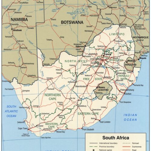 Detailed map of South Africa showing provinces and major cities in soft colors. detailed artwork view