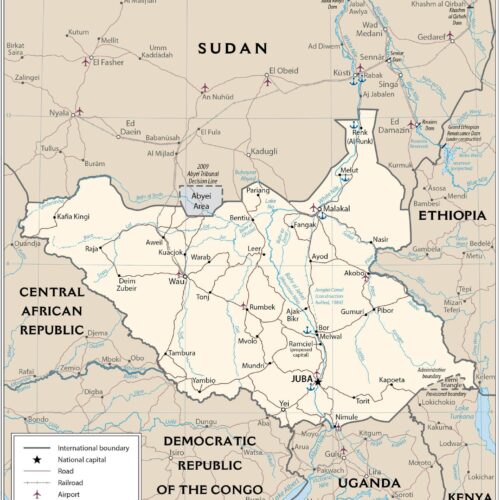 Political map of South Sudan with geographical details and major cities. detailed artwork view