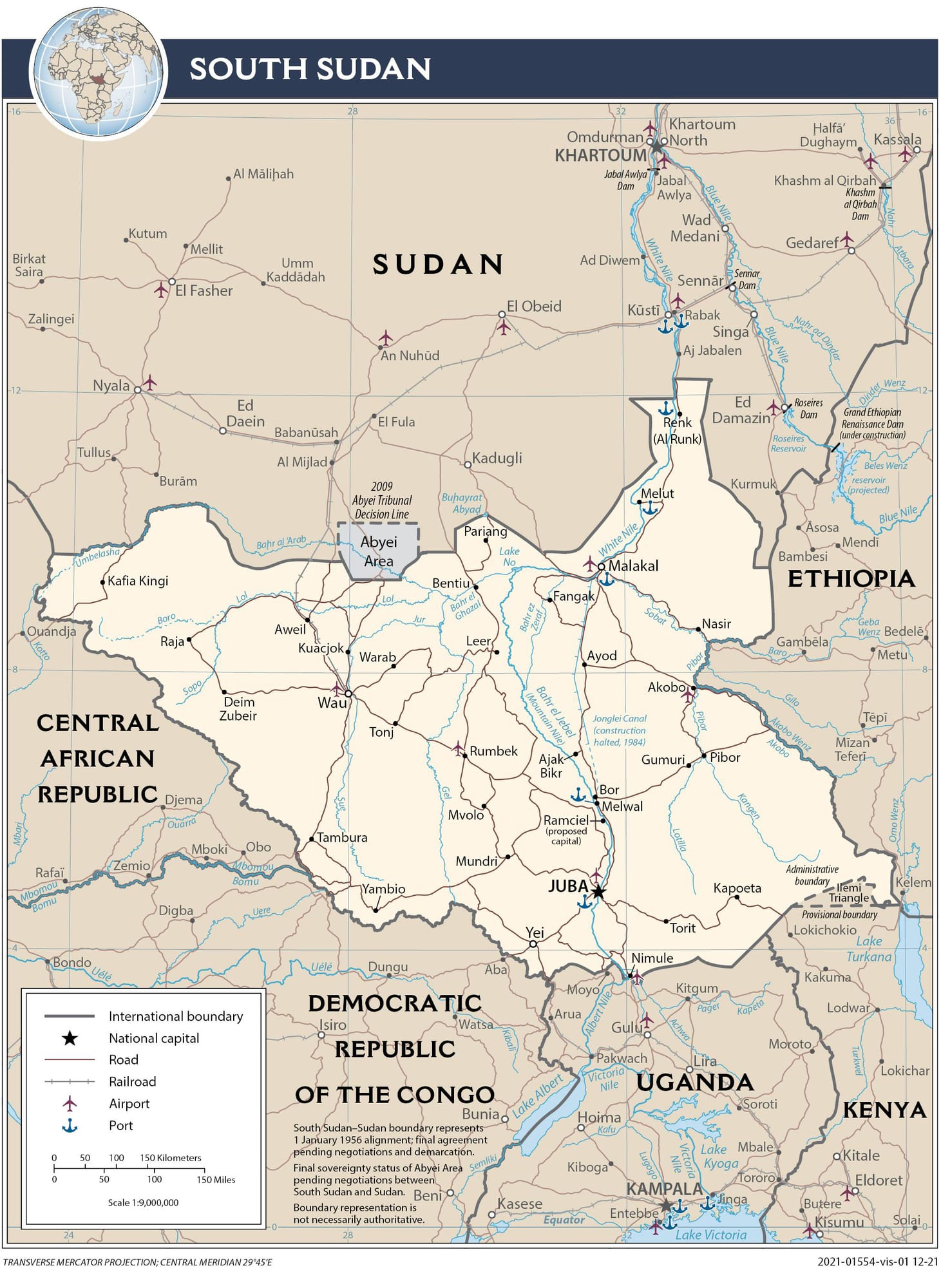 Political map of South Sudan with geographical details and major cities. detailed artwork view