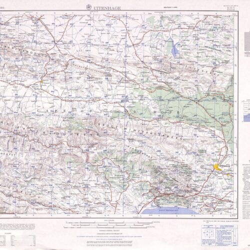 Topographic map of Uitenhage, South Africa featuring earthy colors and detailed terrain. detailed artwork view