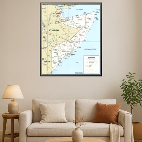 Political map of Somalia with regions and cities highlighted in soft blues and earthy tones.