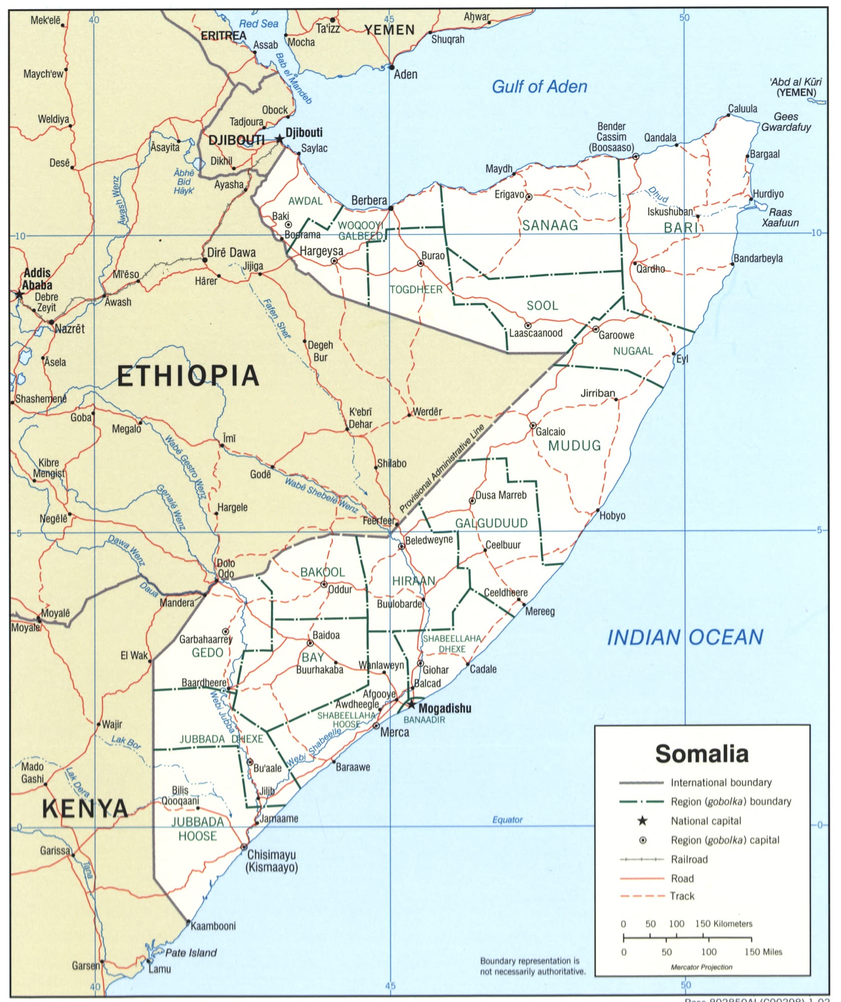 Political map of Somalia with regions and cities highlighted in soft blues and earthy tones. detailed artwork view