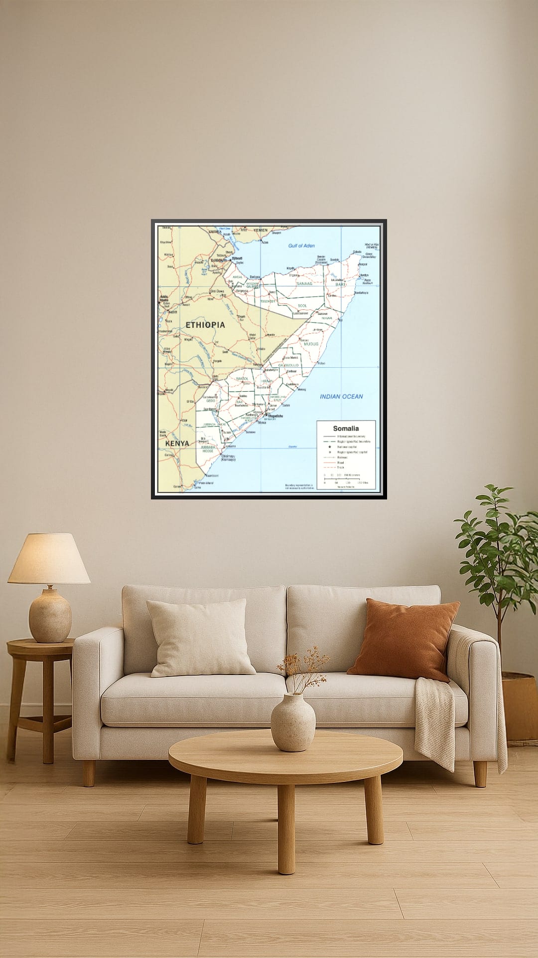 Political map of Somalia with regions and cities highlighted in soft blues and earthy tones.