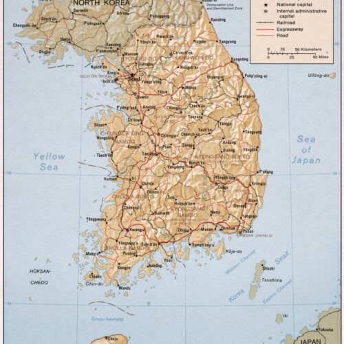 Political map of South Korea with cities and geographical features detailed artwork view