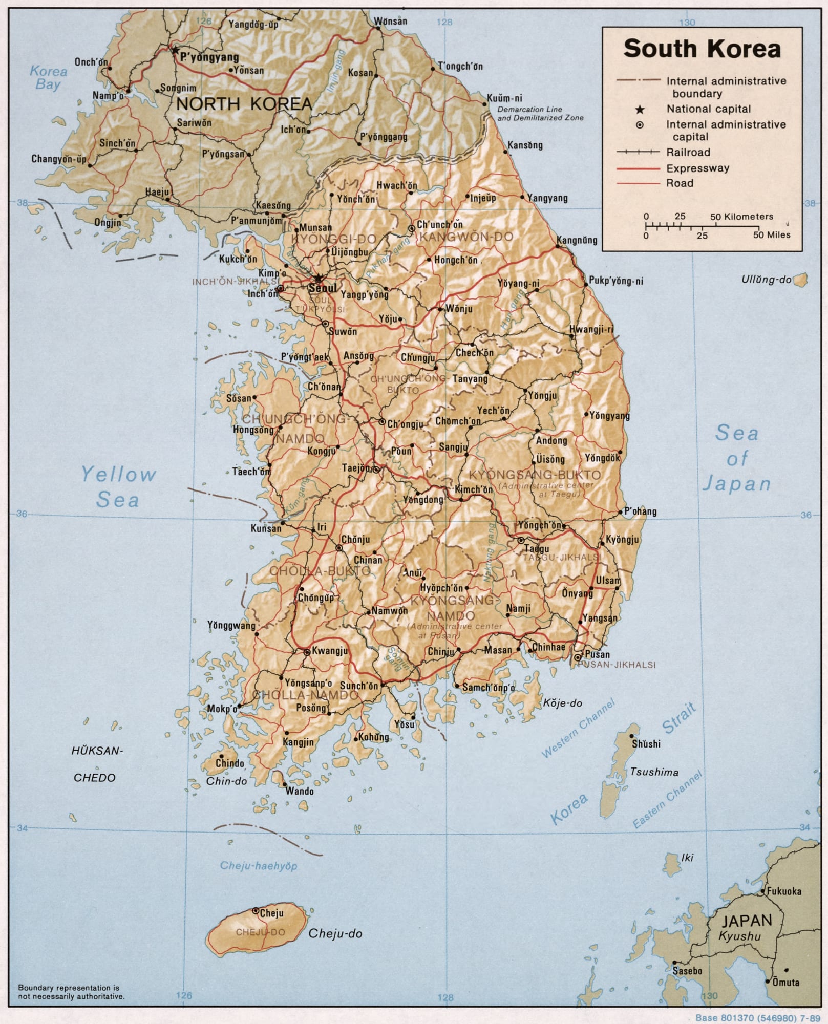Political map of South Korea with cities and geographical features detailed artwork view